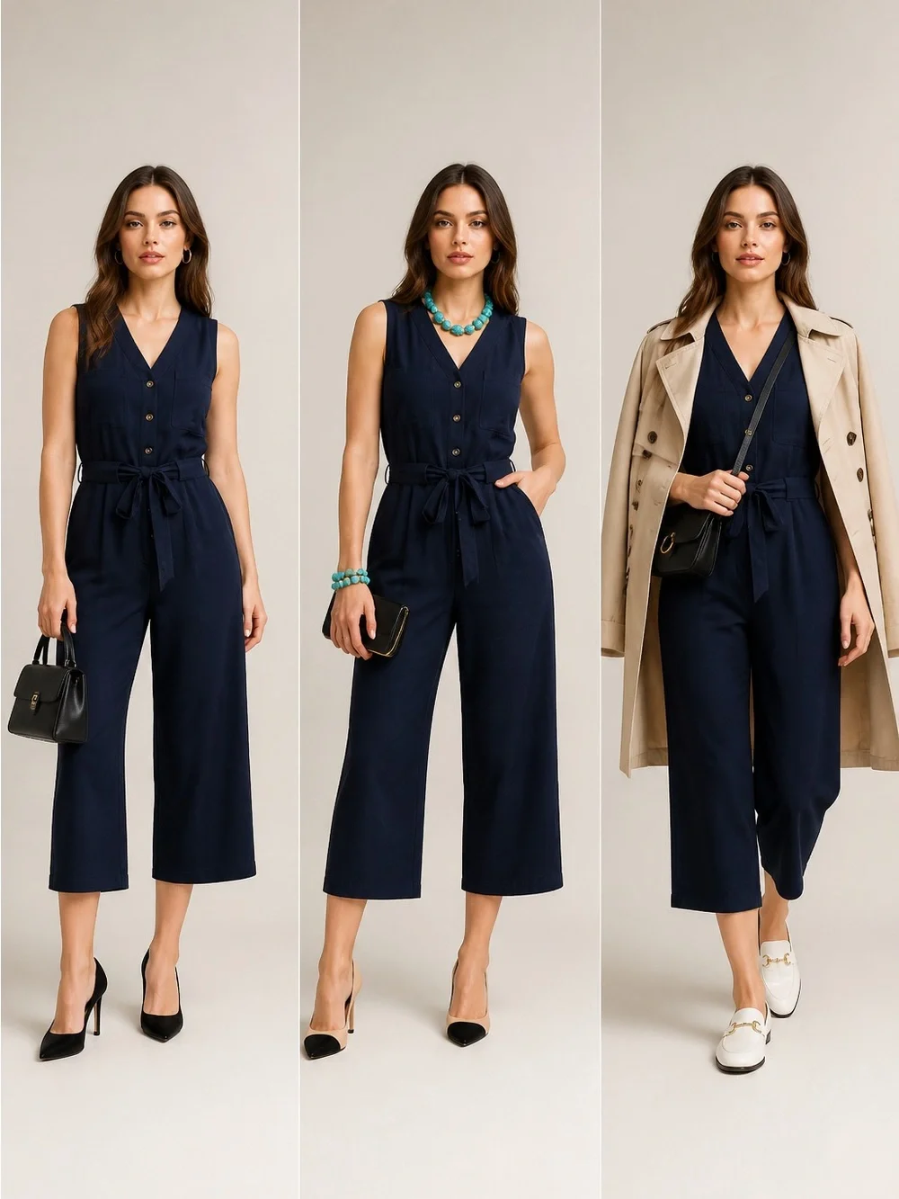 a new day Navy Button-Front Tie Waist Sleeveless Jumpsuit☑️ - Picture 5 of 9
